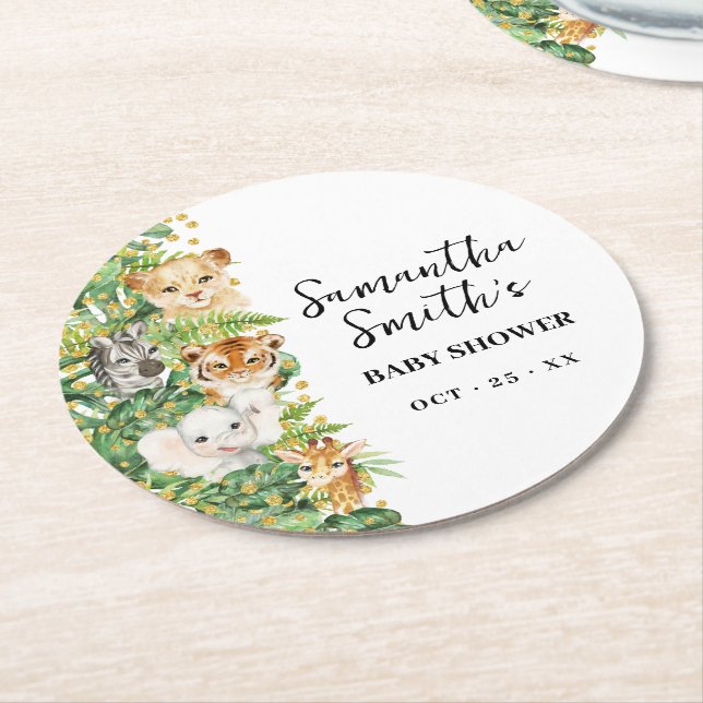 Dessous-de-verre Rond En Papier Baby shower Safari animal sauvage (Incliné)
