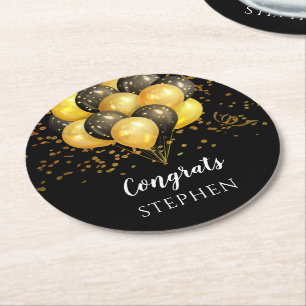 Dessous-de-verre Rond En Papier Ballons Noir Or Partir Retraite Partie Sucre Cooki