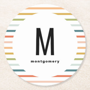 Dessous-de-verre Rond En Papier Bandes Colorées Cocktail Monogrammé
