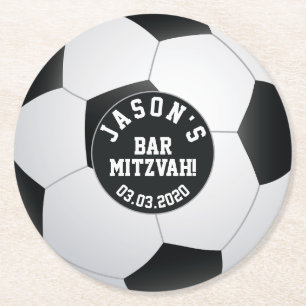 Dessous-de-verre Rond En Papier Bar de soccer personnalisé Mitzvah Blanc noir
