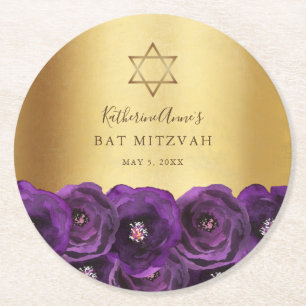 Dessous-de-verre Rond En Papier Bar Mitzvah Fleurie Élégante Violet