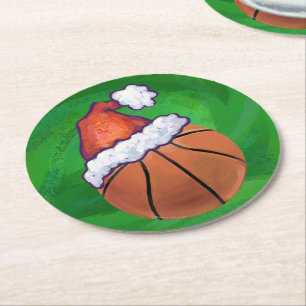 Dessous-de-verre Rond En Papier Basket-ball de Santa Hat sur Green