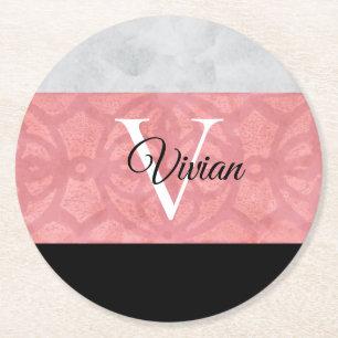 Dessous-de-verre Rond En Papier Batik Rose Ruddy Et Aquarelle Gris Monogramme