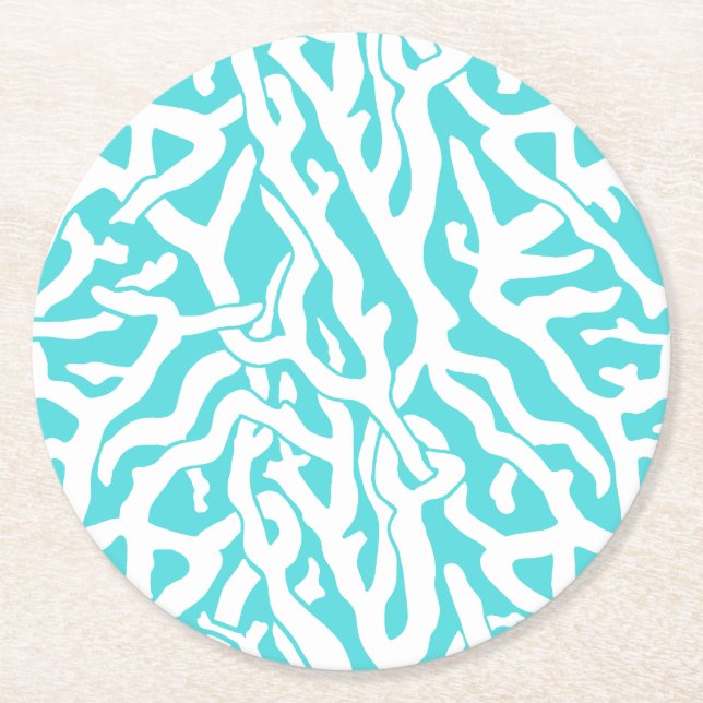 Dessous-de-verre Rond En Papier Beach Coral Reef Motif Bleu blanc nautique (Devant)