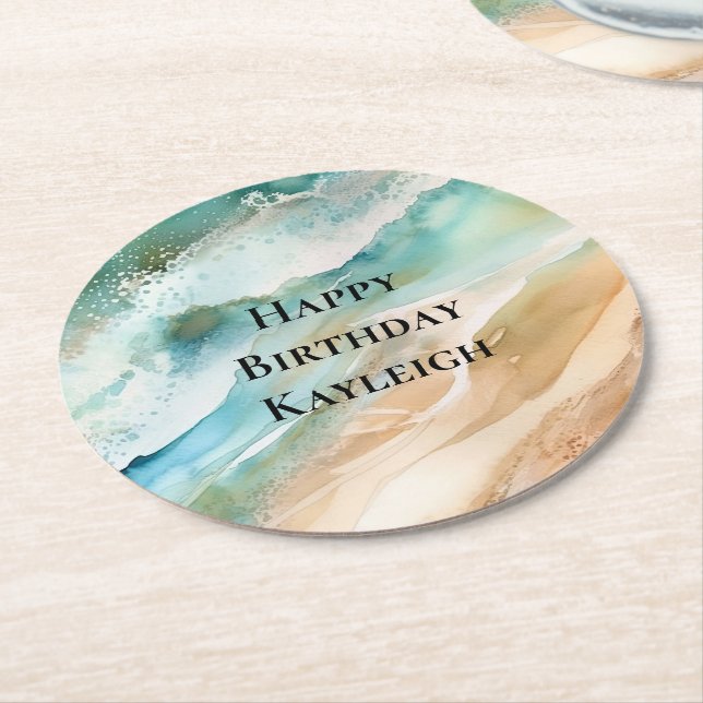 Dessous-de-verre Rond En Papier Beach Cream Aqua Ocean Anniversaire (Incliné)