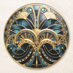 Dessous-de-verre Rond En Papier Beau Art Déco Turquoise Or Noir Élégant