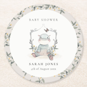 Dessous-de-verre Rond En Papier Bébé jaune mignon Hippo Feuillage Élégant Baby sho