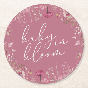 Dessous-de-verre Rond En Papier Bébé Rose en Fleur Baby Shower Fleur Sauvage