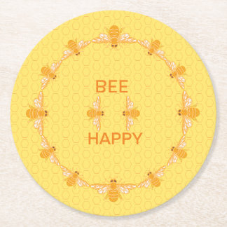 Dessous-de-verre Rond En Papier Bee Happy miel abeilles sur nid d'abeille jaune
