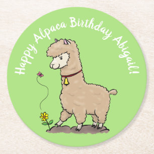 Dessous-de-verre Rond En Papier Belle alpaga brun avec dessin d'anniversaire papil