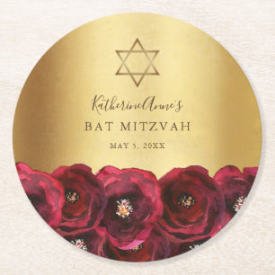 Dessous-de-verre Rond En Papier Belle Bat Mitzvah Rose Rouge Florale Or