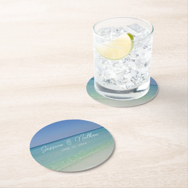 Dessous-de-verre Rond En Papier Belle plage Horizon Mariage personnalisé (En situation)