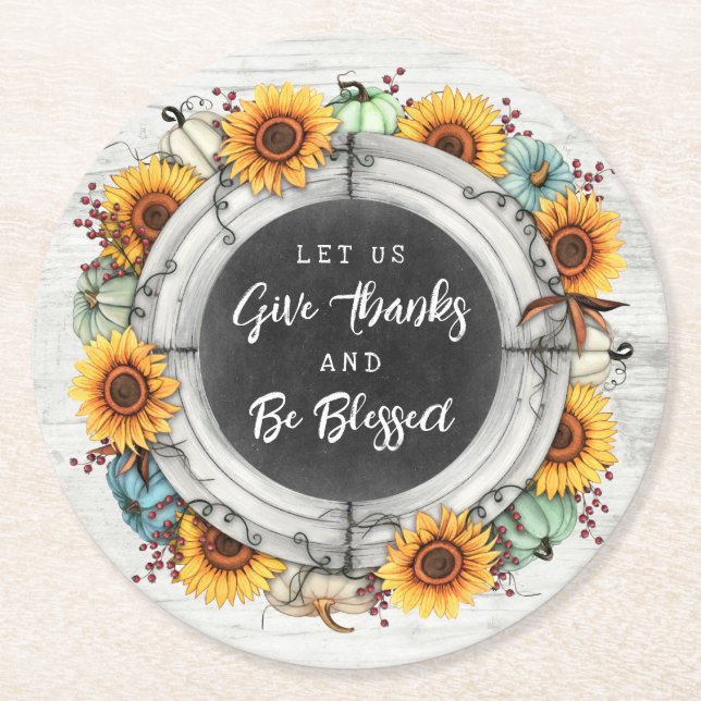Dessous-de-verre Rond En Papier Bienheureux Thanksgiving Automne Tournesols Dîner  (Devant)