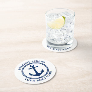 Dessous-de-verre Rond En Papier Bienvenue à bord du bateau Nom de la mer Ancre Bl
