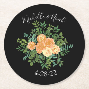 Dessous-de-verre Rond En Papier Black & Peach Mariage Floral moderne