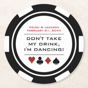 Dessous-de-verre Rond En Papier Black White Poker Chip Dancing Leave Boire Mariage