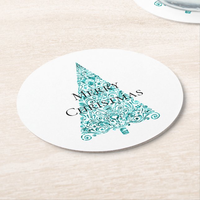 Dessous-de-verre Rond En Papier Blanc Aqua Bleu sapin de Noël (Incliné)