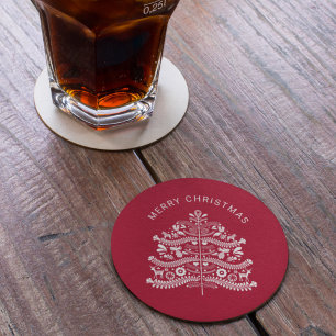 Dessous-de-verre Rond En Papier Blanc sur Rouge Scandinave Folk Art Arbre de Noël