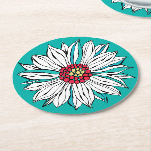Dessous-de-verre Rond En Papier Blanc Turquoise jaune Fleur marguerite ronde