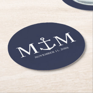Dessous-de-verre Rond En Papier Bleu marine Ancre Mariage rond Coas