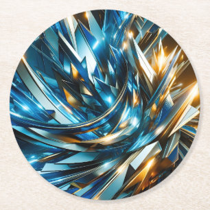 Dessous-de-verre Rond En Papier Bleu Or Abstrait Métallique Géométrique Futuriste
