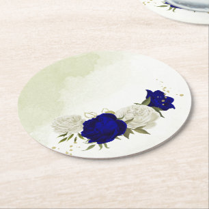 Dessous-de-verre Rond En Papier bleu royal et fleurs blanches mariage