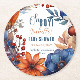 Dessous-de-verre Rond En Papier Bleu Terracotta Oh Boy Fall Baby shower Floral