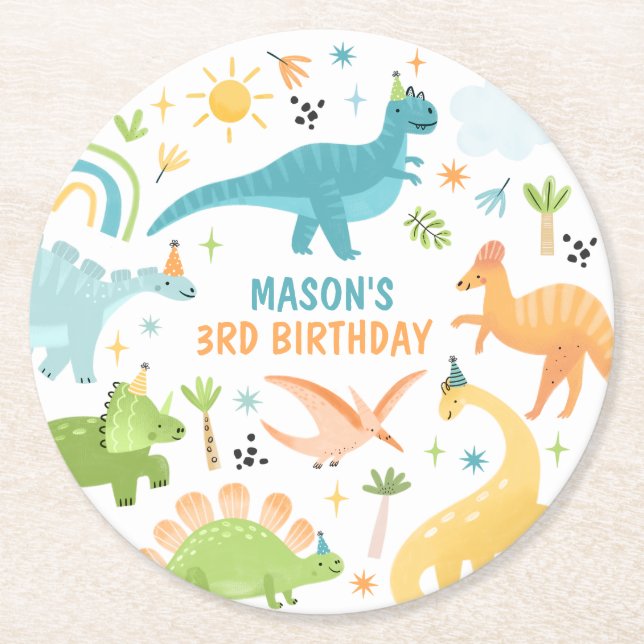 Dessous-de-verre Rond En Papier Blue Dinosaur fête d'anniversaire (Devant)