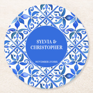 Dessous-de-verre Rond En Papier Blue Talavera espagnol tuiles monogramme mariage