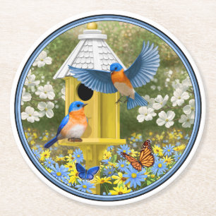 Dessous-de-verre Rond En Papier Bluebirds et Tall Yellow Birhouse