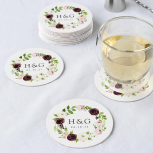 Dessous-de-verre Rond En Papier Blush Romance Mariage Monogramme & Date