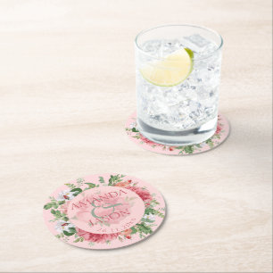 Dessous-de-verre Rond En Papier Blush Rose Blanc Joli Floral mignon Mariage Party