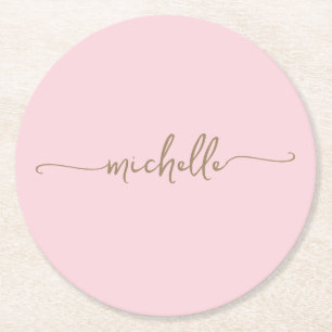 Dessous-de-verre Rond En Papier Blush Rose Or Monogramme Nom Écriture Signature