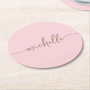 Dessous-de-verre Rond En Papier Blush Rose Or Monogramme Nom Écriture Signature