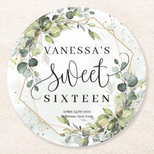 Dessous-de-verre Rond En Papier Boho aquarelle eucalyptus or 16e anniversaire