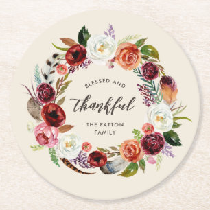 Dessous-de-verre Rond En Papier Boho d'automne fleurit Thanksgiving personnalisé