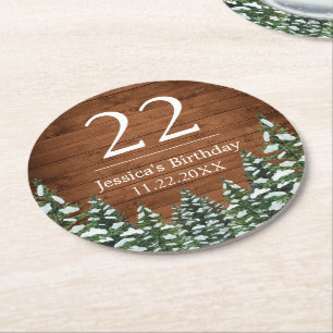 Dessous-de-verre Rond En Papier Bois neigeux et forêt Pin de campagne Anniversaire
