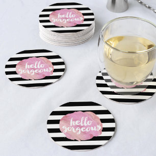 Dessous-de-verre Rond En Papier Bonjour Magnifique Bande Noire & Aquarelle Rose