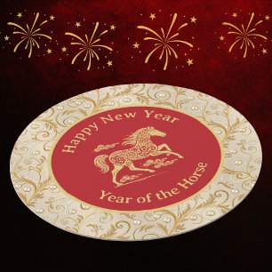 Dessous-de-verre Rond En Papier Bonne année chinoise du Cheval Élégant Or Rouge 