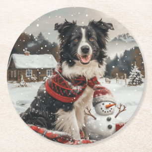 Dessous-de-verre Rond En Papier Bordure de Noël Collie Chien Snowman