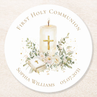 Dessous-de-verre Rond En Papier Bougie Croix Bible Roses Première Sainte Communion