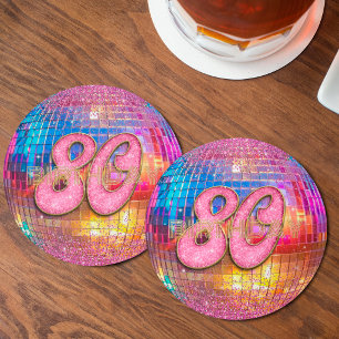Dessous-de-verre Rond En Papier Boule disco à paillettes dorées et roses pour 80e