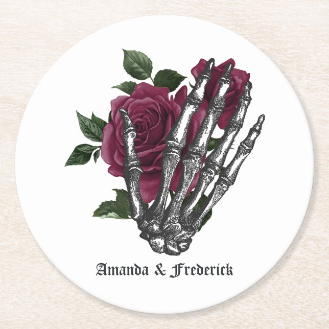 Dessous-de-verre Rond En Papier Bourgogne Floral Squelette gothique Mariage d'Hall (Devant)