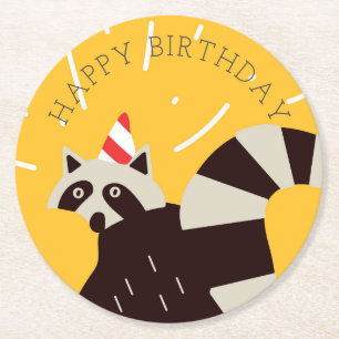 Dessous-de-verre Rond En Papier Bright Funky Joyeux Anniversaire Raccoon Plaque pa