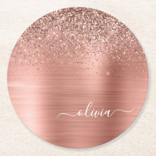 Dessous-de-verre Rond En Papier Brushed metal rose Gold Pink Glitter Monogram
