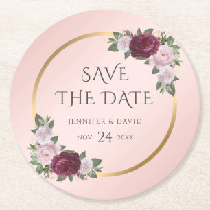 Dessous-de-verre Rond En Papier Burgundy Gold Blush Wedding Enregistrer La Date