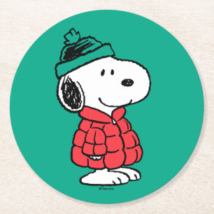 Dessous-de-verre Rond En Papier cacahuètes   Snoopy Chat d'hiver et Casquette