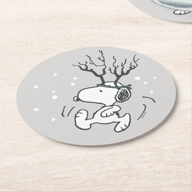 Dessous-de-verre Rond En Papier cacahuètes | Snoopy Reindeer (Incliné)
