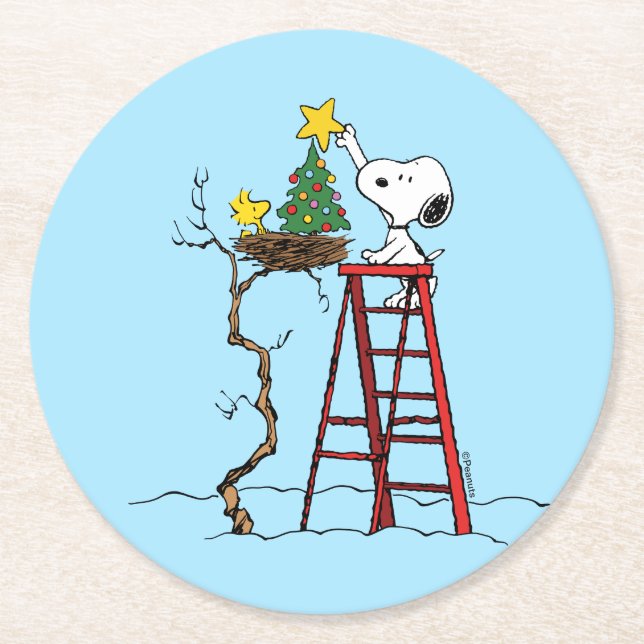 Dessous-de-verre Rond En Papier cacahuètes | Snoopy & Woodstock Arbre de Noël (Devant)