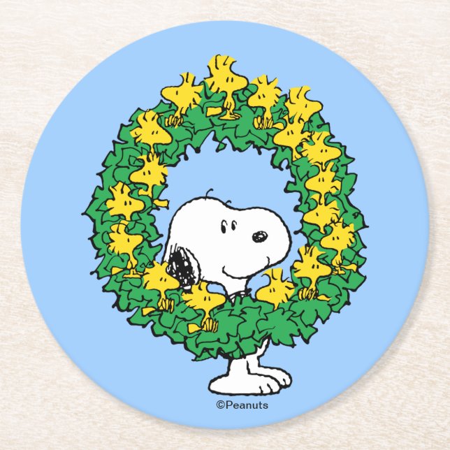 Dessous-de-verre Rond En Papier cacahuètes | Snoopy & Woodstock Chemise de Noël (Devant)